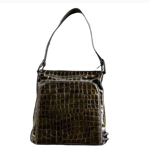 Brighton Black Patent Embossed Croc Sonny Shoulder Bag with Organizer - Picture 1 of 13